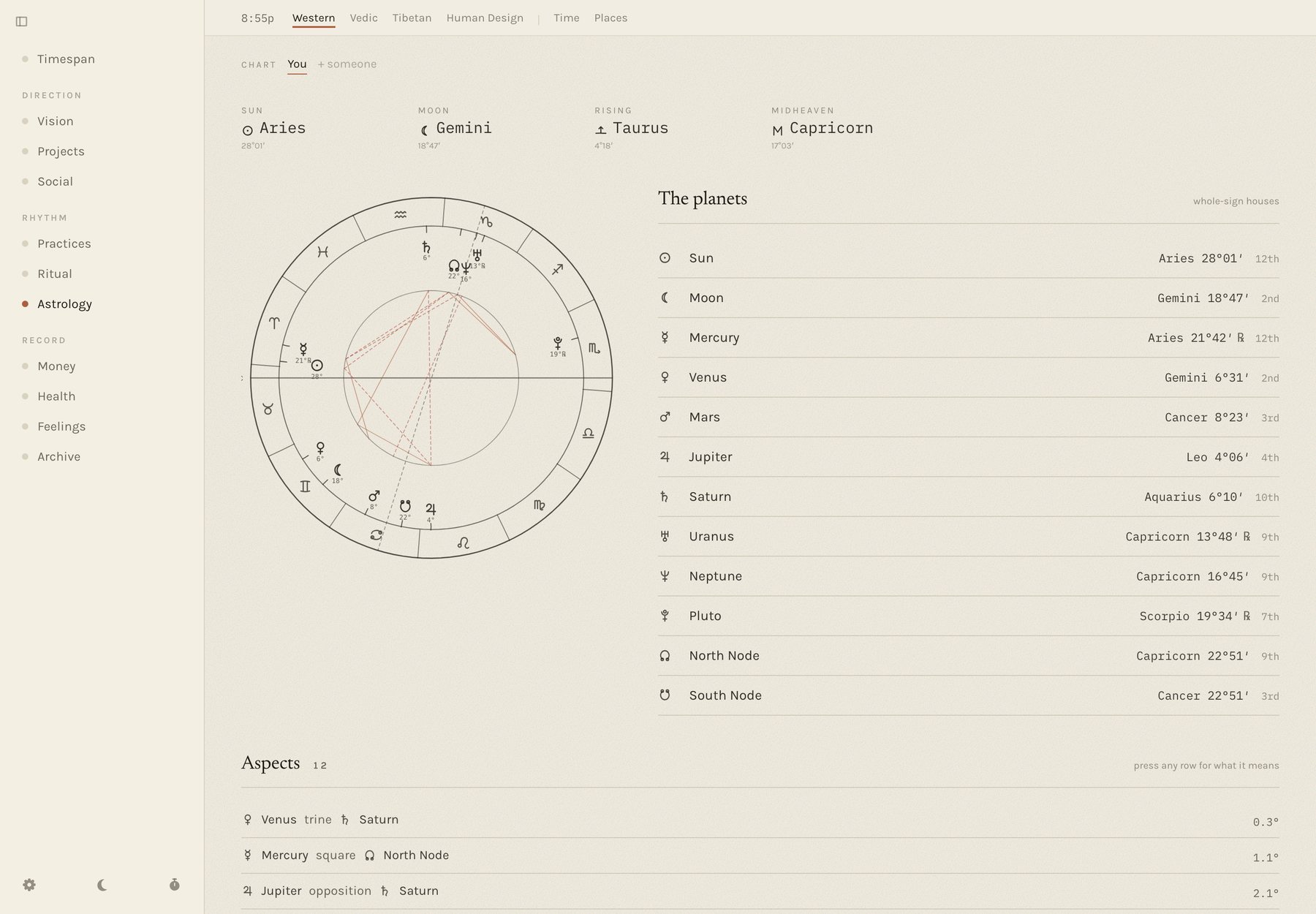 The Astrology page: a birth chart wheel with the planets in their signs and houses, and a list of placements beside it