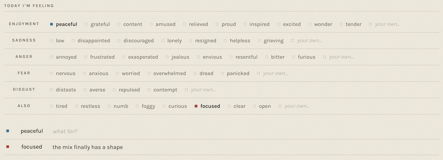 The feelings grid: rows for enjoyment, sadness, anger, fear, disgust and also, each a line of small square marks with words; two chosen feelings below, one with a note
