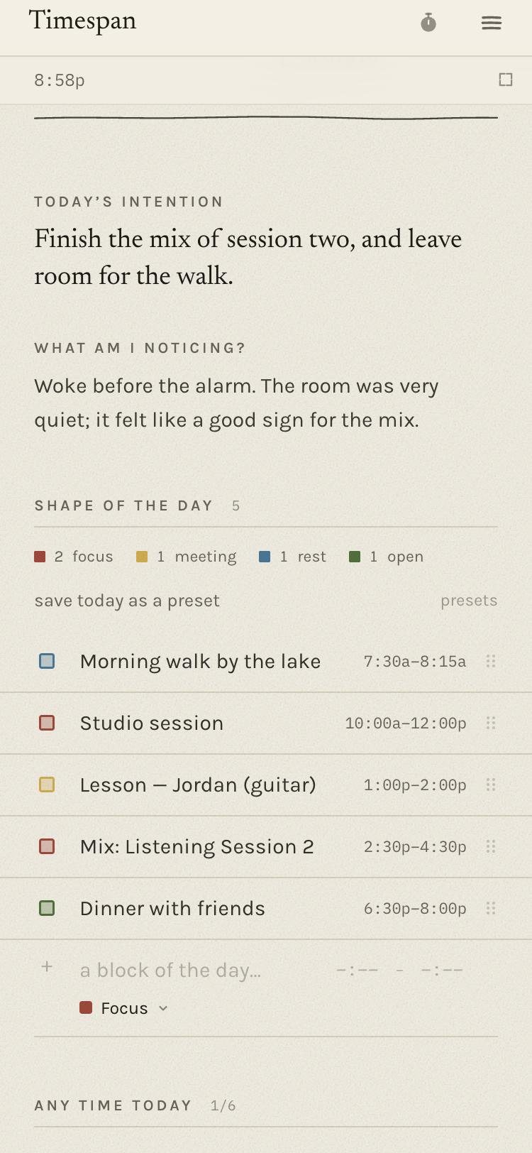 Becoming on a phone: today's intention, a line of noticing, and the shape of the day as time blocks