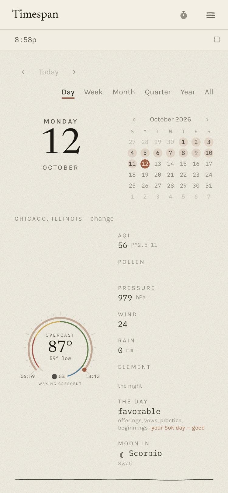 Becoming on a phone: the date, a month calendar, and the weather dial with the day's readings stacked beside it