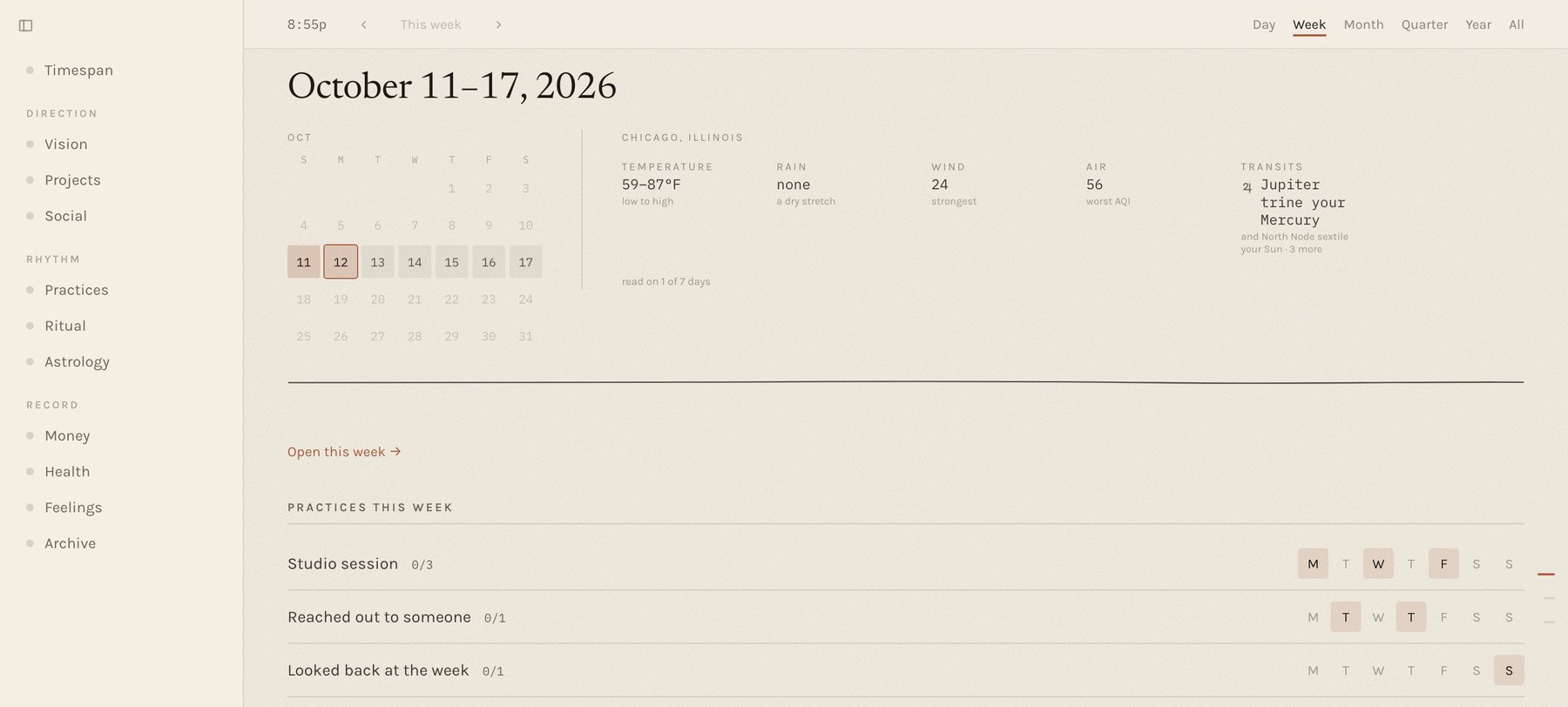 The week page: a month calendar with the week highlighted, the week's weather and transits, then each weekly practice with its days marked Monday to Sunday