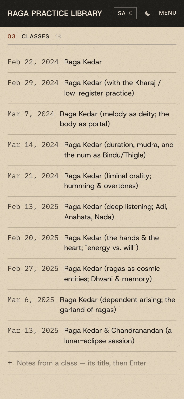 On a phone: Kedar's ten class notes listed by date, two series a year apart, from February 2024 to March 2025