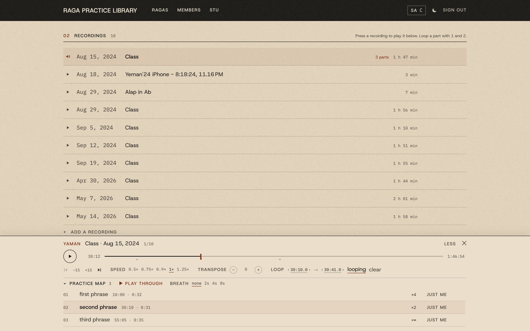 Yaman's recordings with the player docked below: a two-hour class, its loop marked, and a practice map of three saved parts with how many times each plays