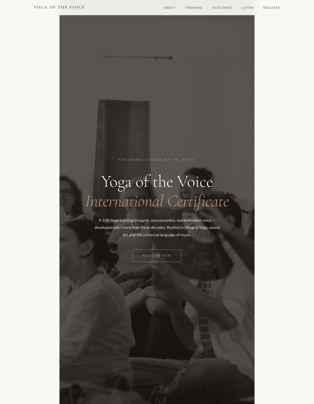 The Yoga of the Voice page — hero, modules, and the invitation to register